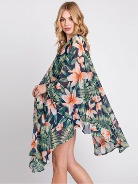 Floral Tropical Kimono Cover-Up in Navy with Peach Blooms